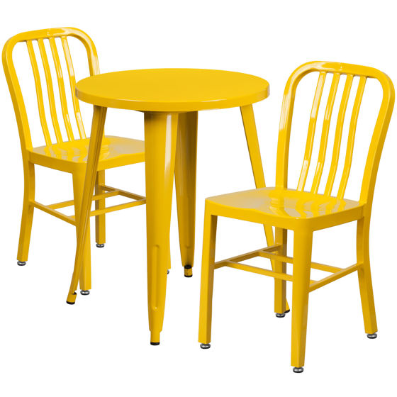 Commercial Grade 24" Round Yellow Metal Indoor-Outdoor Table Set with 2 Vertical Slat Back Chairs CH-51080TH-2-18VRT-YL-GG