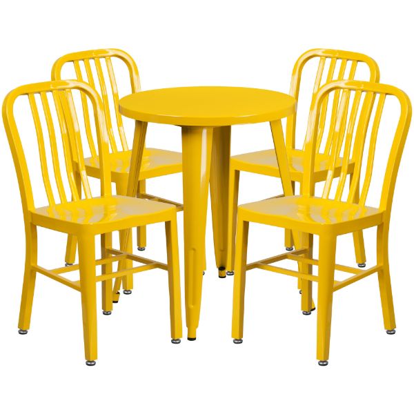 Commercial Grade 24" Round Yellow Metal Indoor-Outdoor Table Set with 4 Vertical Slat Back Chairs CH-51080TH-4-18VRT-YL-GG