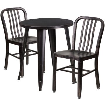 Commercial Grade 24" Round Black-Antique Gold Metal Indoor-Outdoor Table Set with 2 Vertical Slat Back Chairs CH-51080TH-2-18VRT-BQ-GG  Commercial Grade 24" Round Black-Antique Gold Metal Indoor-Outdoor Table Set with 2 Vertical Slat Back Chairs CH-51080TH-2-18VRT-BQ-GG