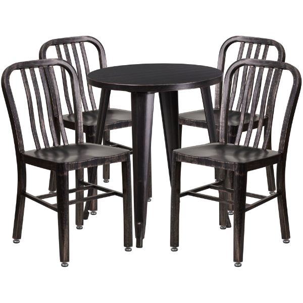 Commercial Grade 24" Round Black-Antique Gold Metal Indoor-Outdoor Table Set with 4 Vertical Slat Back Chairs CH-51080TH-4-18VRT-BQ-GG