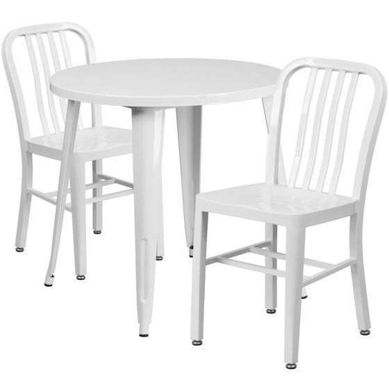 Commercial Grade 30" Round White Metal Indoor-Outdoor Table Set with 2 Vertical Slat Back Chairs CH-51090TH-2-18VRT-WH-GG