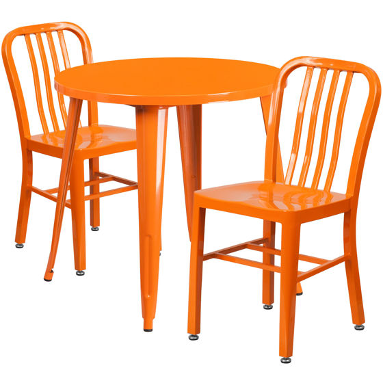 Commercial Grade 30" Round Orange Metal Indoor-Outdoor Table Set with 2 Vertical Slat Back Chairs CH-51090TH-2-18VRT-OR-GG
