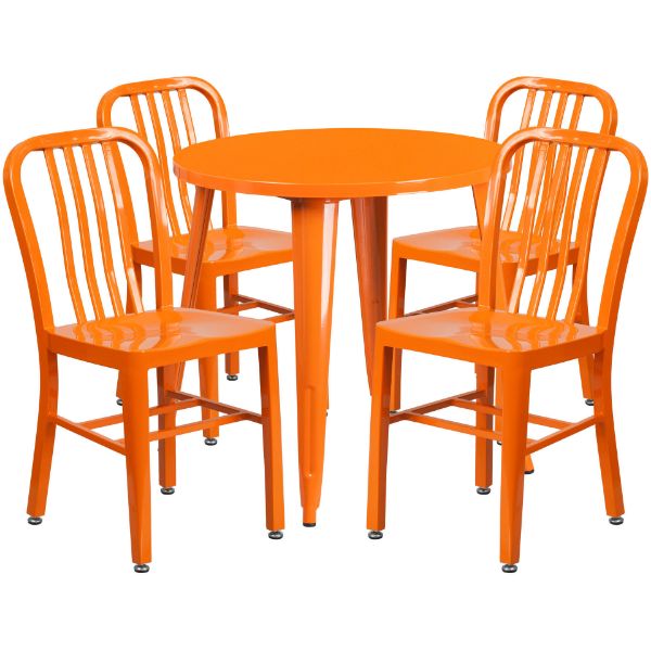 Commercial Grade 30" Round Orange Metal Indoor-Outdoor Table Set with 4 Vertical Slat Back Chairs CH-51090TH-4-18VRT-OR-GG