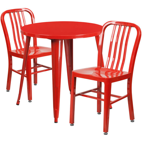 Commercial Grade 30" Round Red Metal Indoor-Outdoor Table Set with 2 Vertical Slat Back Chairs CH-51090TH-2-18VRT-RED-GG