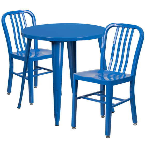 Commercial Grade 30" Round Blue Metal Indoor-Outdoor Table Set with 2 Vertical Slat Back Chairs CH-51090TH-2-18VRT-BL-GG