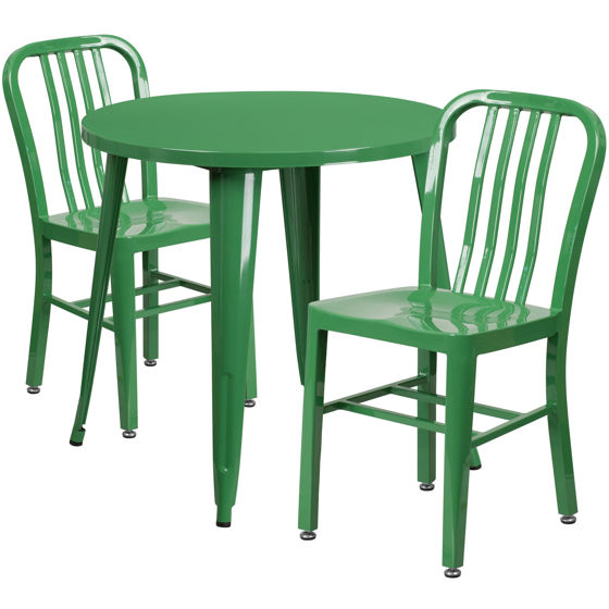 Commercial Grade 30" Round Green Metal Indoor-Outdoor Table Set with 2 Vertical Slat Back Chairs CH-51090TH-2-18VRT-GN-GG