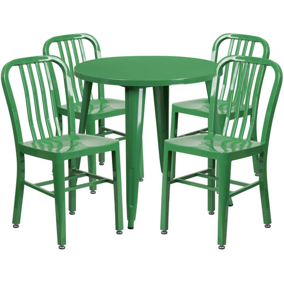 Commercial Grade 30" Round Green Metal Indoor-Outdoor Table Set with 4 Vertical Slat Back Chairs CH-51090TH-4-18VRT-GN-GG 