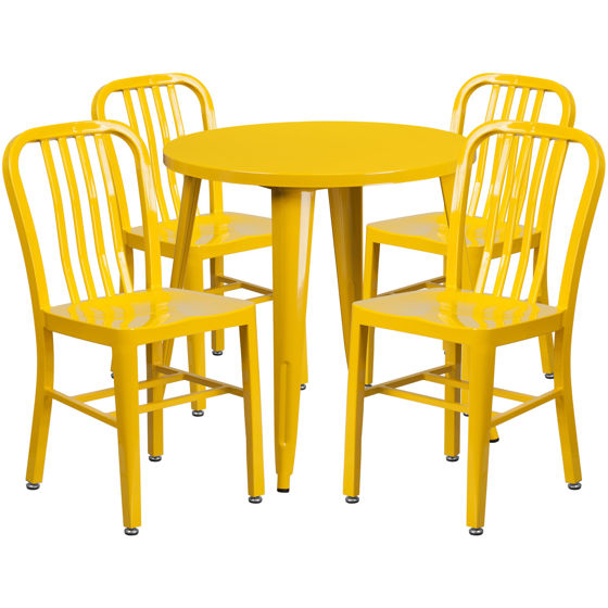 Commercial Grade 30" Round Yellow Metal Indoor-Outdoor Table Set with 4 Vertical Slat Back Chairs CH-51090TH-4-18VRT-YL-GG