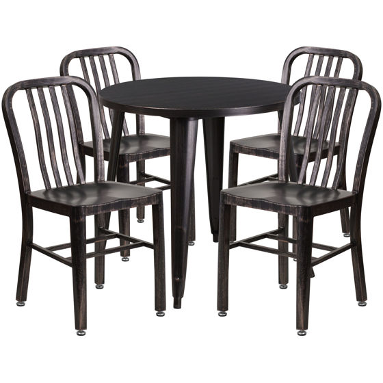 Commercial Grade 30" Round Black-Antique Gold Metal Indoor-Outdoor Table Set with 4 Vertical Slat Back Chairs CH-51090TH-4-18VRT-BQ-GG