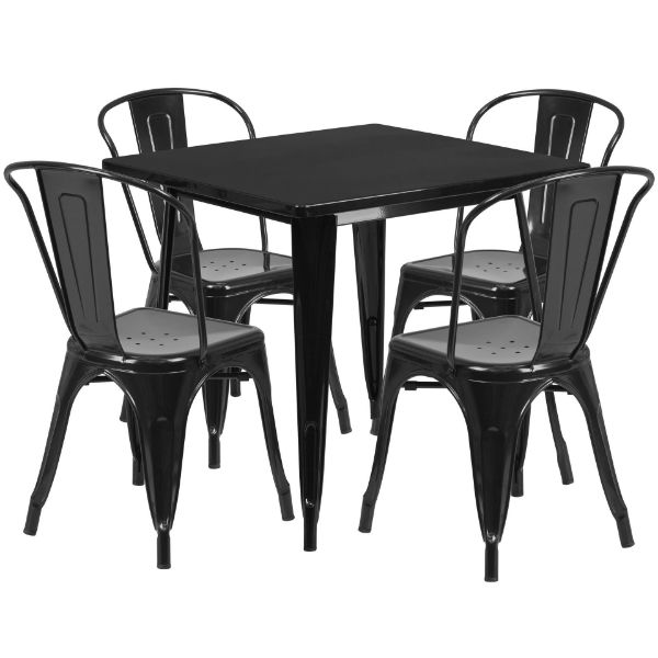 Commercial Grade 31.5" Square Black Metal Indoor-Outdoor Table Set with 4 Stack Chairs ET-CT002-4-30-BK-GG