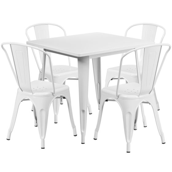 Commercial Grade 31.5" Square White Metal Indoor-Outdoor Table Set with 4 Stack Chairs ET-CT002-4-30-WH-GG