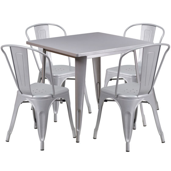 Commercial Grade 31.5" Square Silver Metal Indoor-Outdoor Table Set with 4 Stack Chairs ET-CT002-4-30-SIL-GG