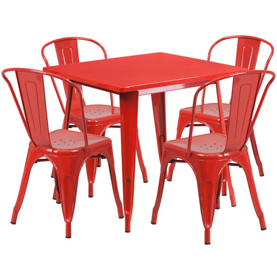 Commercial Grade 31.5" Square Red Metal Indoor-Outdoor Table Set with 4 Stack Chairs ET-CT002-4-30-RED-GG