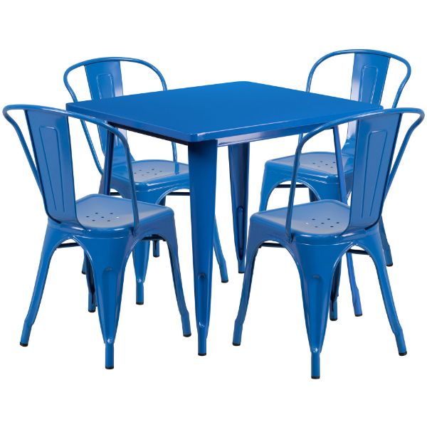 Commercial Grade 31.5" Square Blue Metal Indoor-Outdoor Table Set with 4 Stack Chairs ET-CT002-4-30-BL-GG