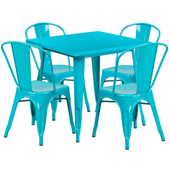 Commercial Grade 31.5" Square Crystal Teal-Blue Metal Indoor-Outdoor Table Set with 4 Stack Chairs ET-CT002-4-30-CB-GG