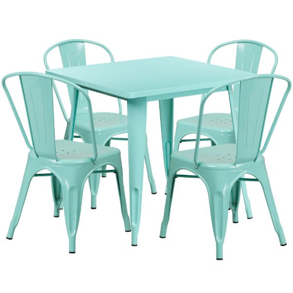 Commercial Grade 31.5" Square Mint Green Metal Indoor-Outdoor Table Set with 4 Stack Chairs ET-CT002-4-30-MINT-GG