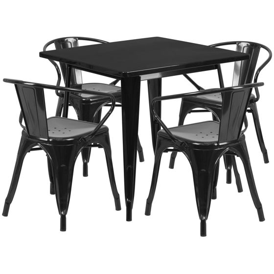 Commercial Grade 31.5" Square Black Metal Indoor-Outdoor Table Set with 4 Arm Chairs ET-CT002-4-70-BK-GG