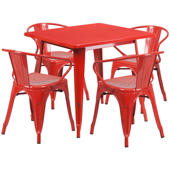 Commercial Grade 31.5" Square Red Metal Indoor-Outdoor Table Set with 4 Arm Chairs ET-CT002-4-70-RED-GG