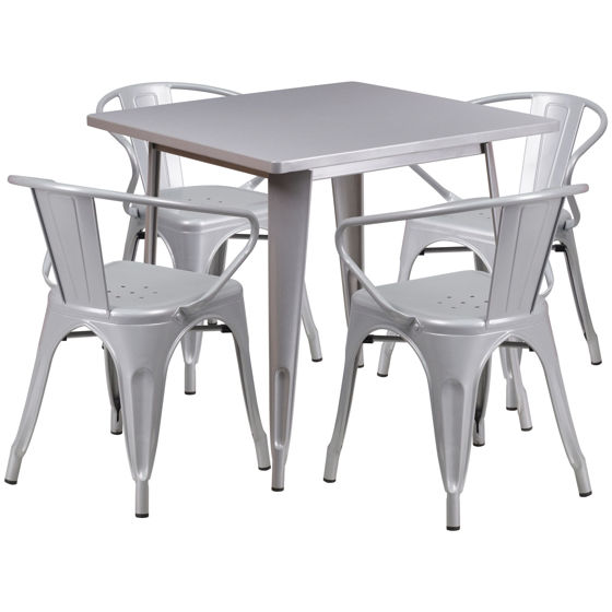 Commercial Grade 31.5" Square Silver Metal Indoor-Outdoor Table Set with 4 Arm Chairs ET-CT002-4-70-SIL-GG