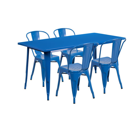 Commercial Grade 31.5" x 63" Rectangular Blue Metal Indoor-Outdoor Table Set with 4 Stack Chairs ET-CT005-4-30-BL-GG