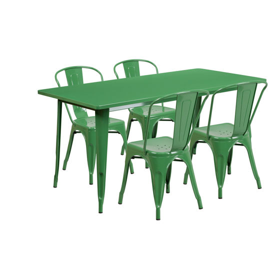 Commercial Grade 31.5" x 63" Rectangular Green Metal Indoor-Outdoor Table Set with 4 Stack Chairs ET-CT005-4-30-GN-GG