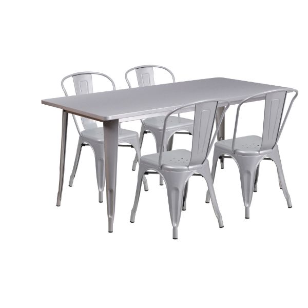 Commercial Grade 31.5" x 63" Rectangular Silver Metal Indoor-Outdoor Table Set with 4 Stack Chairs ET-CT005-4-30-SIL-GG