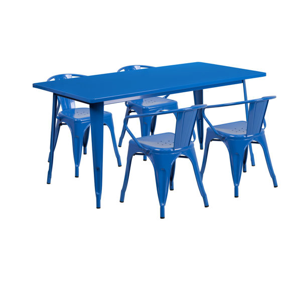 Commercial Grade 31.5" x 63" Rectangular Blue Metal Indoor-Outdoor Table Set with 4 Arm Chairs ET-CT005-4-70-BL-GG