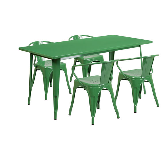 Commercial Grade 31.5" x 63" Rectangular Green Metal Indoor-Outdoor Table Set with 4 Arm Chairs ET-CT005-4-70-GN-GG