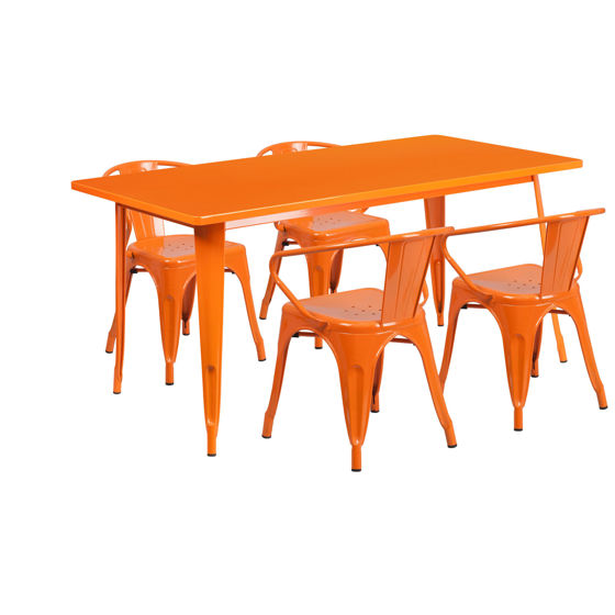 Commercial Grade 31.5" x 63" Rectangular Orange Metal Indoor-Outdoor Table Set with 4 Arm Chairs ET-CT005-4-70-OR-GG