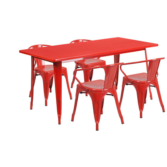 Commercial Grade 31.5" x 63" Rectangular Red Metal Indoor-Outdoor Table Set with 4 Arm Chairs ET-CT005-4-70-RED-GG