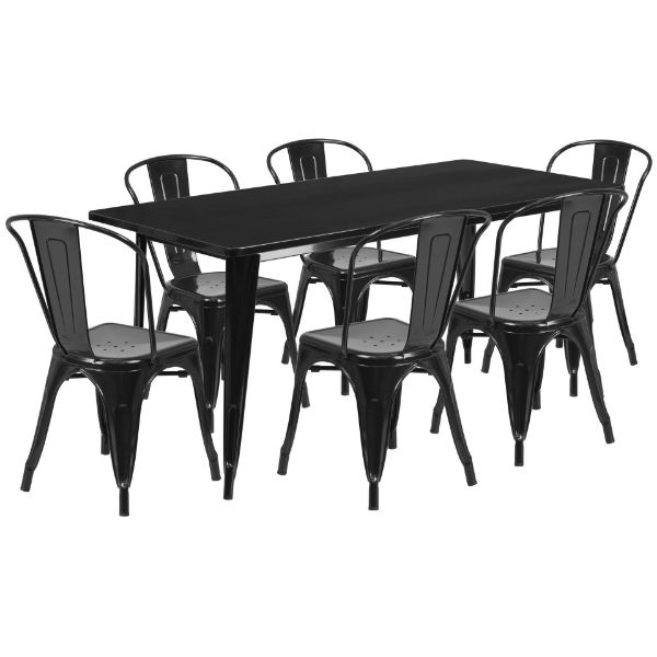 Commercial Grade 31.5" x 63" Rectangular Black Metal Indoor-Outdoor Table Set with 6 Stack Chairs ET-CT005-6-30-BK-GG