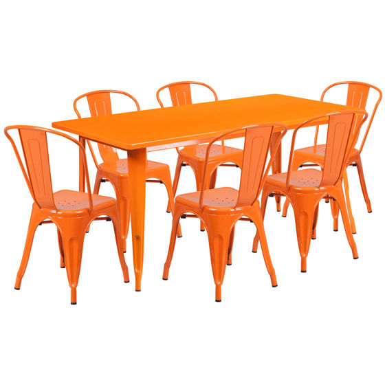 Commercial Grade 31.5" x 63" Rectangular Orange Metal Indoor-Outdoor Table Set with 6 Stack Chairs ET-CT005-6-30-OR-GG