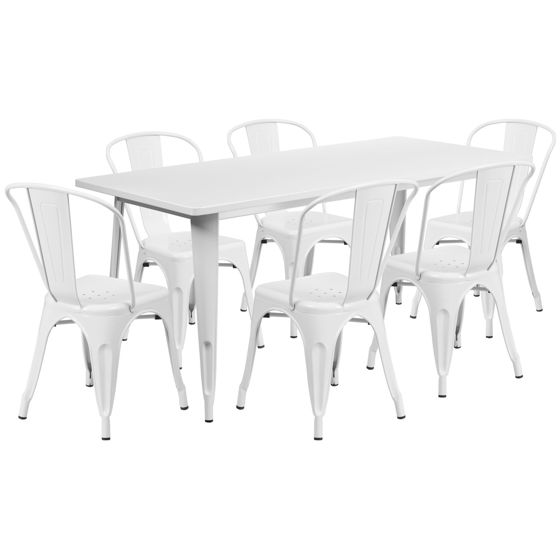 Commercial Grade 31.5" x 63" Rectangular White Metal Indoor-Outdoor Table Set with 6 Stack Chairs ET-CT005-6-30-WH-GG