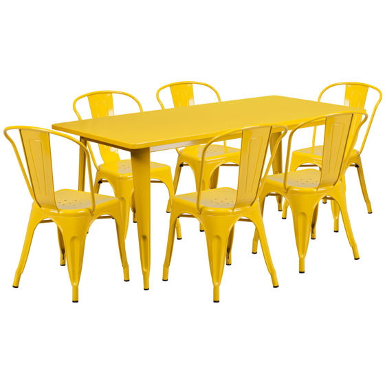 Commercial Grade 31.5" x 63" Rectangular Yellow Metal Indoor-Outdoor Table Set with 6 Stack Chairs ET-CT005-6-30-YL-GG