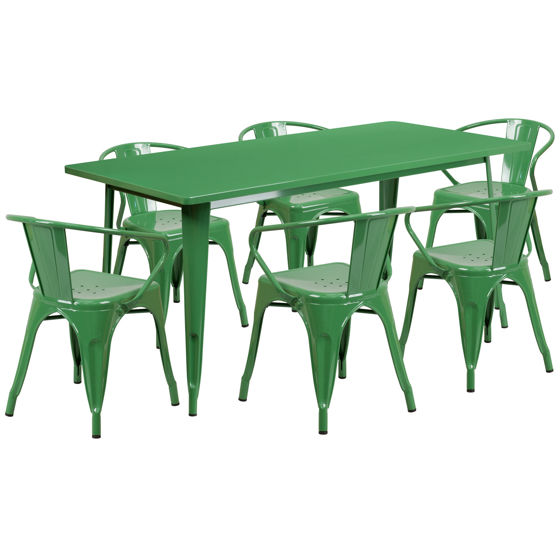Commercial Grade 31.5" x 63" Rectangular Green Metal Indoor-Outdoor Table Set with 6 Arm Chairs ET-CT005-6-70-GN-GG
