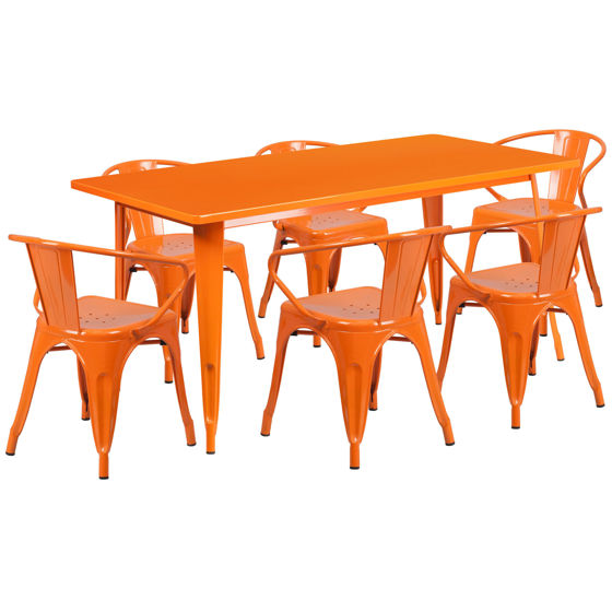 Commercial Grade 31.5" x 63" Rectangular Orange Metal Indoor-Outdoor Table Set with 6 Arm Chairs ET-CT005-6-70-OR-GG