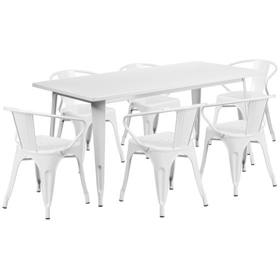 Commercial Grade 31.5" x 63" Rectangular White Metal Indoor-Outdoor Table Set with 6 Arm Chairs ET-CT005-6-70-WH-GG