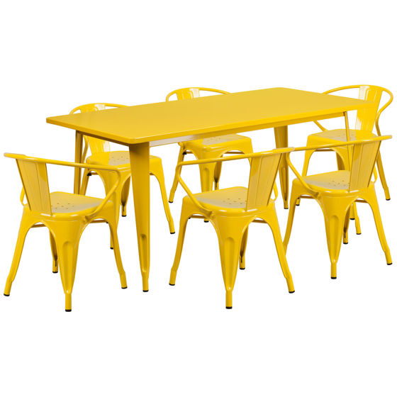 Commercial Grade 31.5" x 63" Rectangular Yellow Metal Indoor-Outdoor Table Set with 6 Arm Chairs ET-CT005-6-70-YL-GG