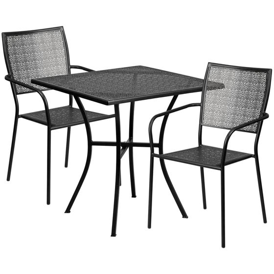 Oia Commercial Grade 28" Square Black Indoor-Outdoor Steel Patio Table Set with 2 Square Back Chairs CO-28SQ-02CHR2-BK-GG