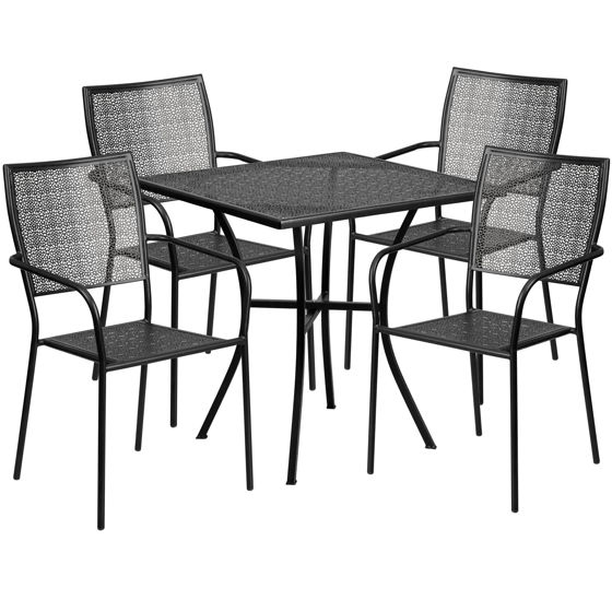 Oia Commercial Grade 28" Square Black Indoor-Outdoor Steel Patio Table Set with 4 Square Back Chairs CO-28SQ-02CHR4-BK-GG