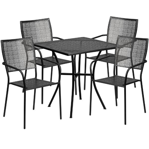 Oia Commercial Grade 28" Square Black Indoor-Outdoor Steel Patio Table Set with 4 Square Back Chairs CO-28SQ-02CHR4-BK-GG