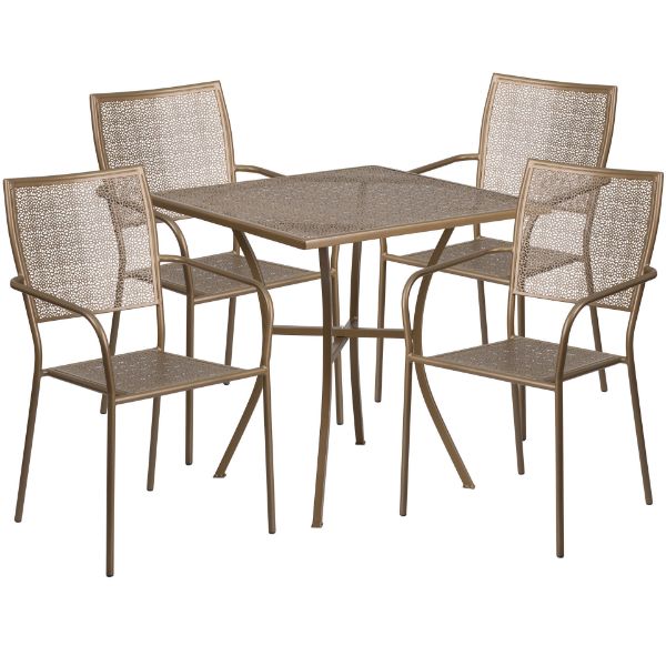 Oia Commercial Grade 28" Square Gold Indoor-Outdoor Steel Patio Table Set with 4 Square Back Chairs CO-28SQ-02CHR4-GD-GG