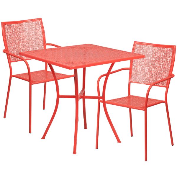 Oia Commercial Grade 28" Square Coral Indoor-Outdoor Steel Patio Table Set with 2 Square Back Chairs CO-28SQ-02CHR2-RED-GG