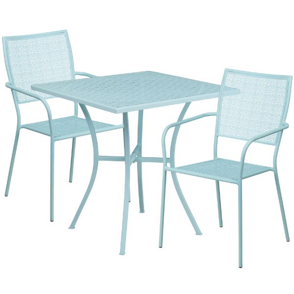 Oia Commercial Grade 28" Square Sky Blue Indoor-Outdoor Steel Patio Table Set with 2 Square Back Chairs CO-28SQ-02CHR2-SKY-GG