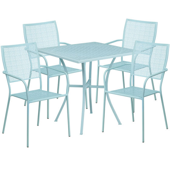 Oia Commercial Grade 28" Square Sky Blue Indoor-Outdoor Steel Patio Table Set with 4 Square Back Chairs CO-28SQ-02CHR4-SKY-GG