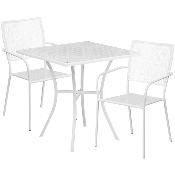 Oia Commercial Grade 28" Square White Indoor-Outdoor Steel Patio Table Set with 2 Square Back Chairs CO-28SQ-02CHR2-WH-GG