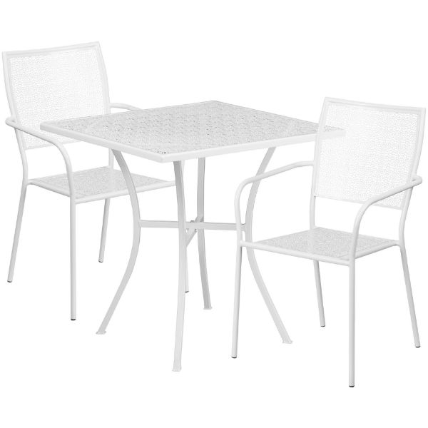 Oia Commercial Grade 28" Square White Indoor-Outdoor Steel Patio Table Set with 2 Square Back Chairs CO-28SQ-02CHR2-WH-GG
