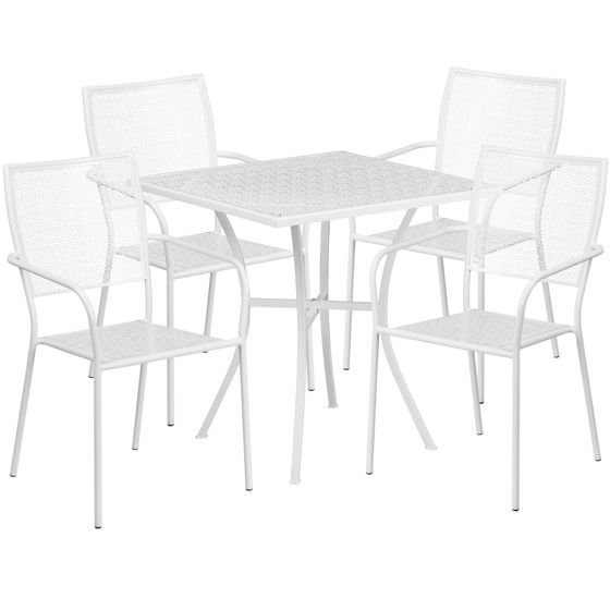 Oia Commercial Grade 28" Square White Indoor-Outdoor Steel Patio Table Set with 4 Square Back Chairs CO-28SQ-02CHR4-WH-GG