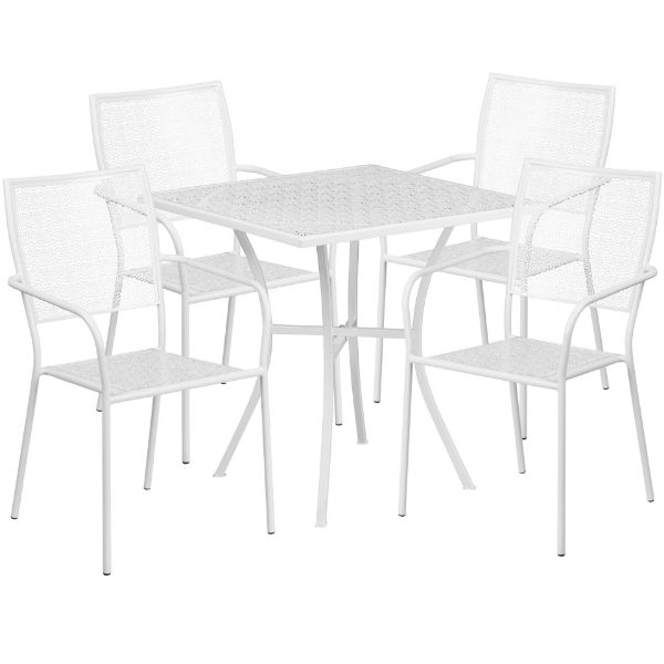 Oia Commercial Grade 28" Square White Indoor-Outdoor Steel Patio Table Set with 4 Square Back Chairs CO-28SQ-02CHR4-WH-GG
