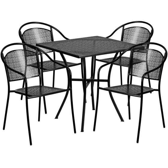 Oia Commercial Grade 28" Square Black Indoor-Outdoor Steel Patio Table Set with 4 Round Back Chairs CO-28SQ-03CHR4-BK-GG